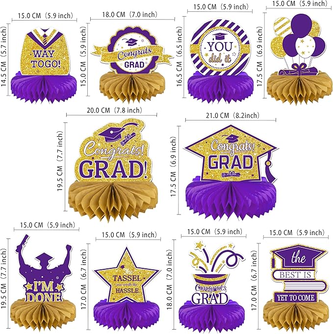 10PCS Graduation Decorations Class of 2025 Centerpieces, Congrats Grad Honeycomb Table Toppers for Graduation Party Favors, 2026 Party Decorations (10PCS, Purple & Gold)