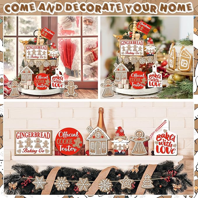 15 Pcs Christmas Tiered Tray Decor Christmas Gingerbread Wooden Signs Farmhouse Xmas Tiered Tray Decorations Set Gingerbread Wood Table Decor for Xmas Winter Holiday Kitchen Home