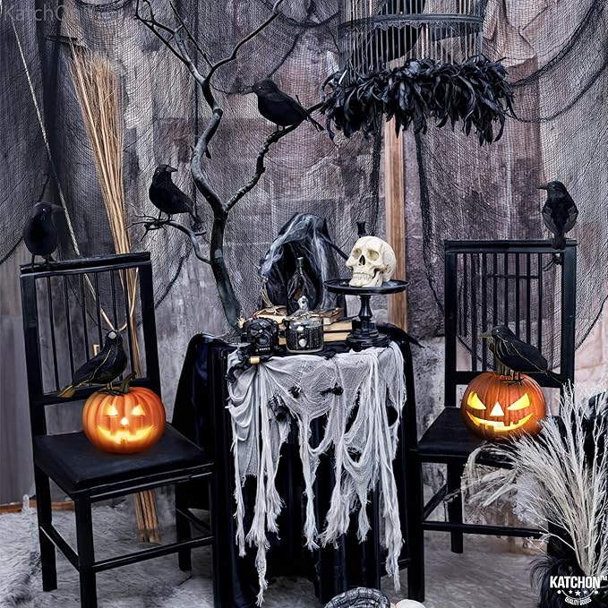 KatchOn, Halloween Creepy Cloth and Crows - Pack of 7 | 72x30 Inch, Black Spooky Cloth Realistic Black Feathered Crows | Scary Decor and Raven Decorations | Halloween Decorations Outdoor Indoor