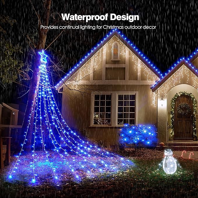 BlcTec Outdoor Christmas Decorations 317 LEDs Christmas Lights with 9 Strands 11.9ft Waterfall Christmas Tree Lights, 8 Modes, UL Certified, Waterproof, Topper Star & Timer for Yard Patio Décor, Blue