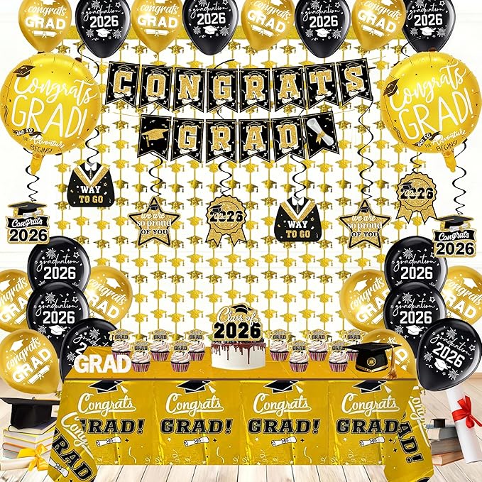 Class of 2026 Graduation Decorations Black and Gold Party Supplies Kit, Include Congrats Grad Banner, Foil Fringe Curtain,Tablecloth,Balloon Arch, Hanging Swirls for High School College