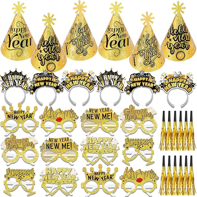 HOWAF New Years Eve Party Supplies 2026, Happy New Years Party Favors Headband Cone Hats Glitter Paper Eyeglasses Noise Makers Laser Gold New Year Decorations 2026 for NYE Favor Accessories 36pcs