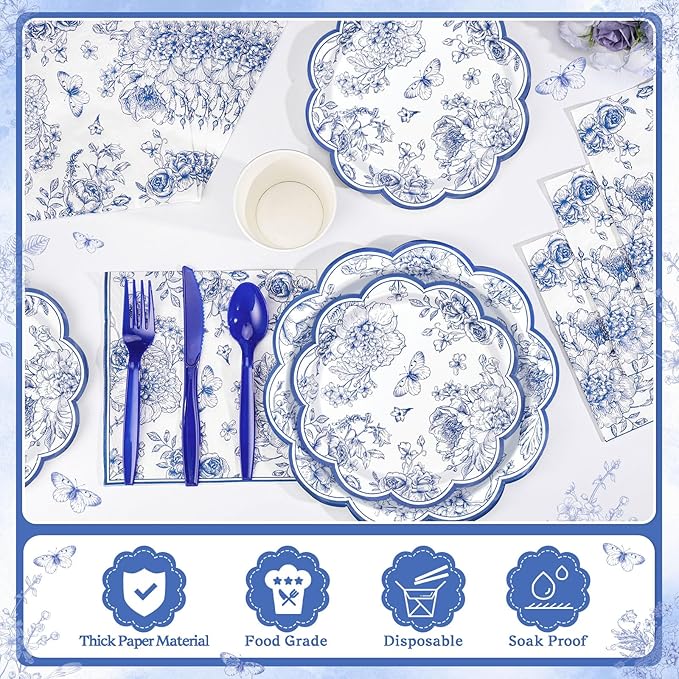 175 Pcs Blue Floral Plates and Napkins, 25 Guest Scalloped Chinoiserie Blue White Florals Party Supplies Includes Toile Plates, Napkins, Cups & Plastic Cutlery for Tea & Garden Party