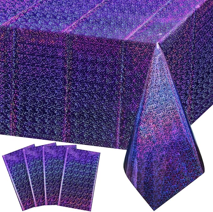 FunnyPars 4 Pack Iridescent Plastic Tablecloths Shiny Disposable Laser Rectangle Table Covers Holographic Foil Tablecloth Iridescent Kpop Birthday Bridal Wedding Party Decoration, 54"x108"(Purple)