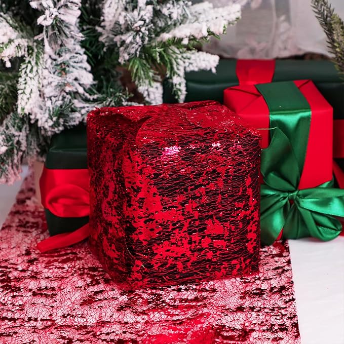 Snowkingdom Red Table Runner Sequin Glitter Foil Mesh Runner 11 Inch x 100 Feet for Romantic Wedding Anniversary Birthday Graduation Party Bridal Shower, Red Christmas Holiday Table Decorations