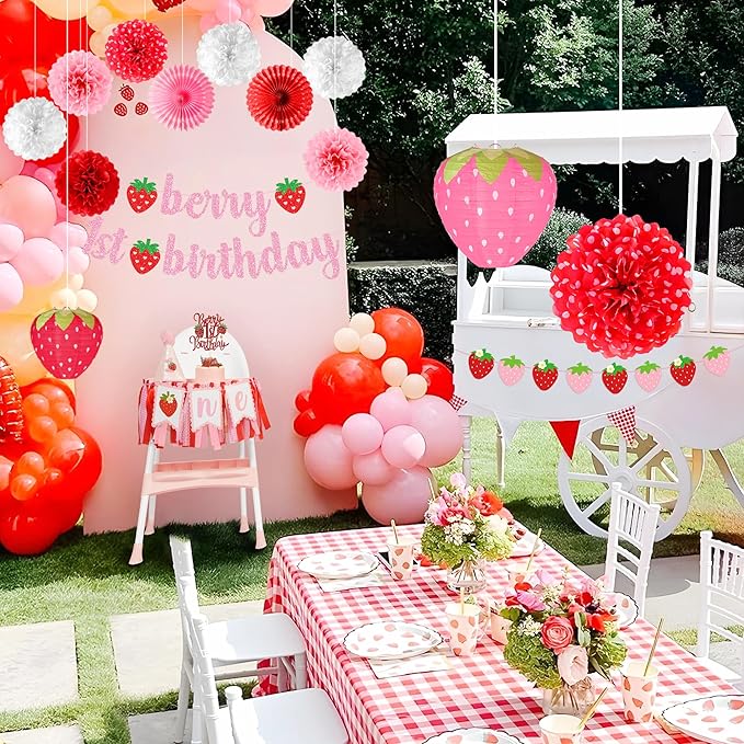 Kriyokiaa Berry First Birthday Decor 14 Pcs Strawberry 1st Birthday Decorations for Girls with Banners, Paper Lantern, Paper Pom Poms Perfect for Baby Girl Party Decoration