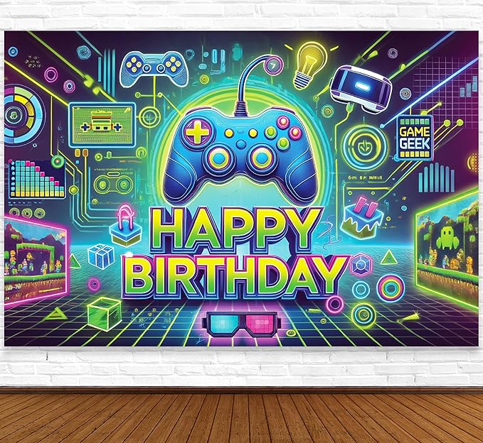 IndoTribe Video Game Happy Birthday Banner Boy 6x4ft Level Up Gamer Party Decorations for Boys Video Game Birthday Decorations for Boys Game On Birthday Decorations Gaming Birthday Party Decorations