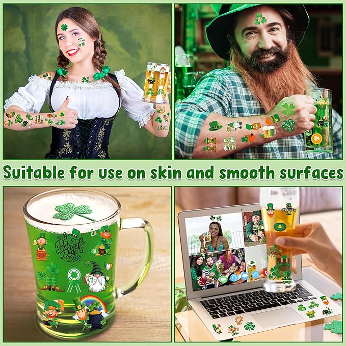 100 PCS St Patricks Day Tattoos, Irish Themed St Patricks Day Accessories with Green Clover, St Patricks Day Temporary Tattoos for St Patricks Day Party Favors Decorations Parade