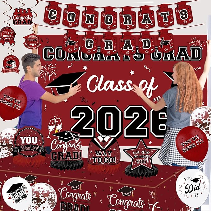 Graduation Decorations 2026, Class of 2026 Backdrop, Banner, 2026 Foil Balloons, Tablecloth, Hanging Swirls, Honeycomb Centerpieces, Party Supplies Decorations Set for College (MAROON)