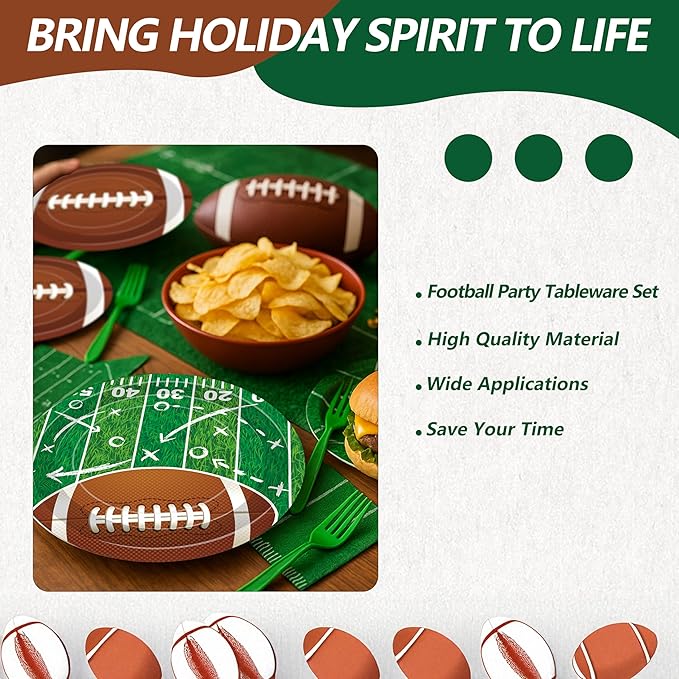 100 Pcs Football Party Supplies Set, Serves 25 – Disposable Football and Field Design Paper Plates, Napkins, and Forks, Game Day Tailgate Themed Tableware for Sports Birthday and Team Decorations