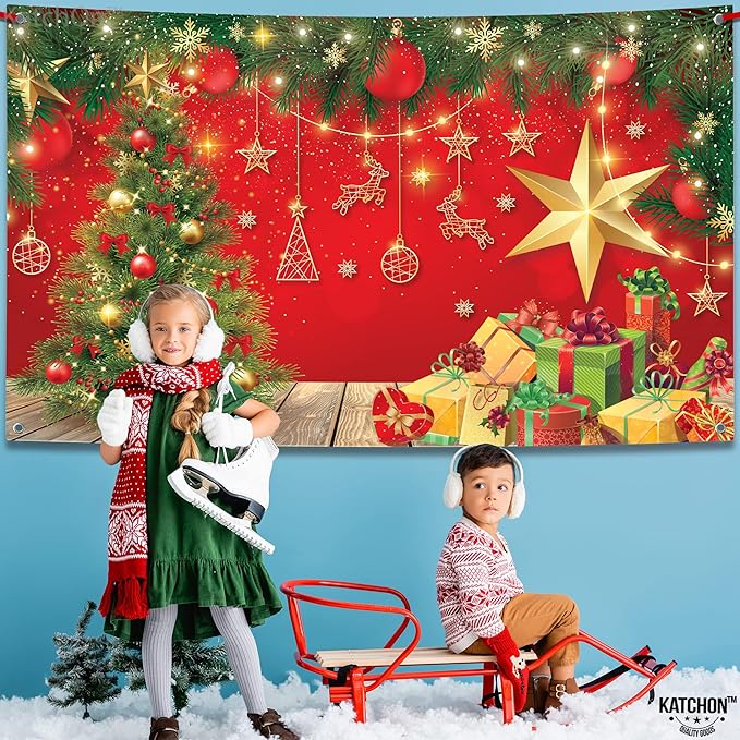 KatchOn, XtraLarge Christmas Banner - 72x44 Inch, Red, Cloth Fabric, Includes Red Ribbon Roll - 20 Feet, Perfect for Christmas Decorations & Photography