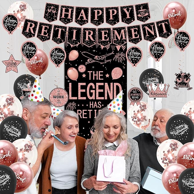 Roetyce Retirement Party Decorations Women, Blue and Pink Happy Retirement Banner Balloons Hanging Swirls Kit, Rose Gold Lengend Has Retired Backdrop for Coworker, Office Retired Party Supplies