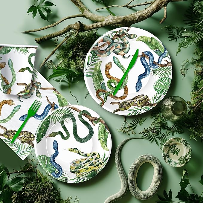 Snake Party Decorations - Reptile Theme Snake Birthday Party Supplies, Paper Plate, Cup, Napkin, Cutlery, Tablecloth, Jungle Swamp Camping Wilderness Snake Theme Party Tableware | Serve 24