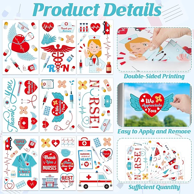 82 PCS Nurses Week Decorations, 9 Sheets Nurses Week Window Clings with Hearts, Thank You Nurse Appreciation Week Decor, Double-Sided Nursing Stickers for Windows Stores Offices Parties