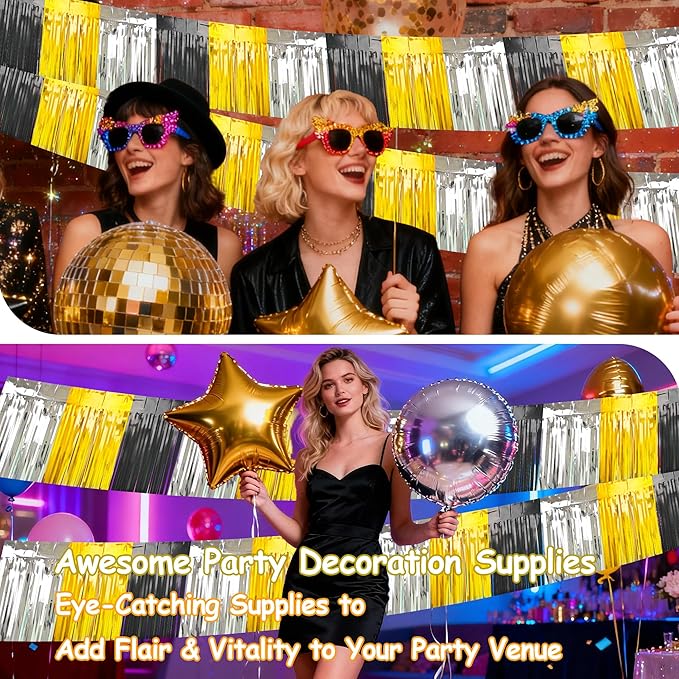 4 Packs Total 39 Ft Parade Floats for Trailer Car, Black Gold Silver Foil Fringe Garland Tinsel Streamers Banner Table Skirts for Graduation Homecoming New Year's Eve Birthday Party Decor