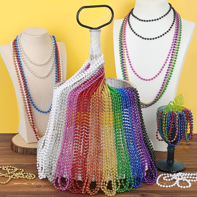 50PCS Mardi Gras Beads, Metallic 10 Kinds of Bead Necklace Party Favors, 33" Mardi Gras Necklace Stuff, Festival Parade Throw Accessories for Wedding Birthday Celebrations Decorations