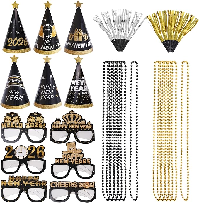 New Years Eve Party Supplies 2026 Party Decorations Happy New Year Eve Favors Include Hats Glasses Necklace and Blowers for 2026 Decors Photo Props