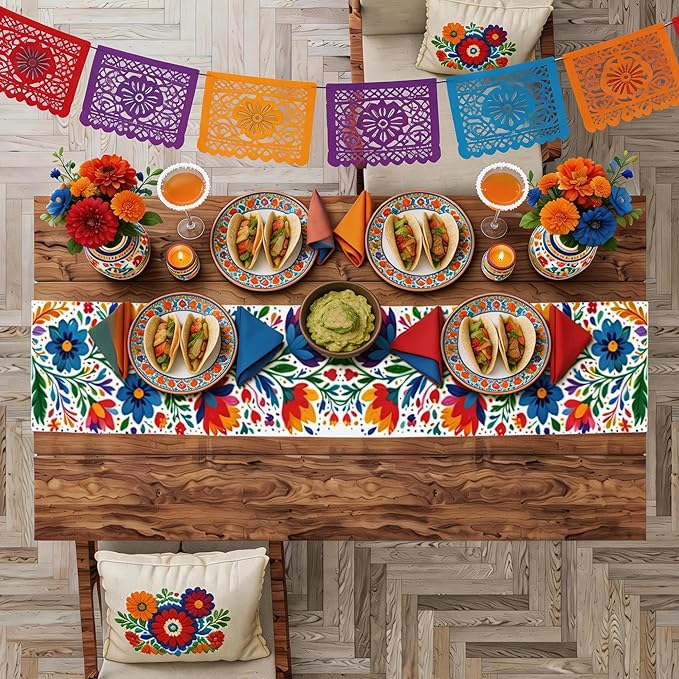 Cinco De Mayo Decorations - Mexican Floral Table Runner for Fiesta Party Decorations | Mexican Theme Birthday Decorations Taco Accessories Home Dining Room Kitchen Table Decor