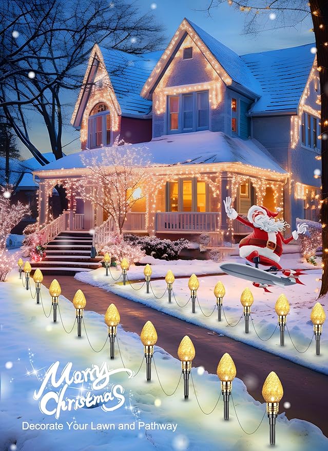 Brightown 2 Pack Strawberry C9 Christmas Pathway Lights Outdoor - Total 34.8 FT 20 LED Christmas Walkway Light, Connectable C9 Pathway Light, Christmas Decorations for Outdoor Yard Lawn, Warm White