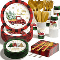 Christmas Party Decorations Supplies - 350 PCS Merry Christmas Birthday Buffalo Plaid Disposable Dinnerware Set(50 Guest) with Xmas Paper Plates Napkins Cups Plastic Fork Knive Spoon for Holiday Decor