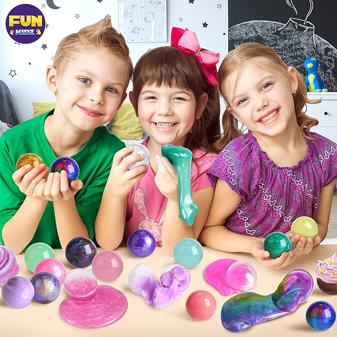 Big 25 Variety Slime Balls Party Favors for Kids, FunKidz 5.5cm Ball Size Bulk Premade Slime Pack Toys for Boys Girls 6-12 with Galaxy, Butter, Cloud, Unicorn, Mermaid, Glow, Clear Slimes