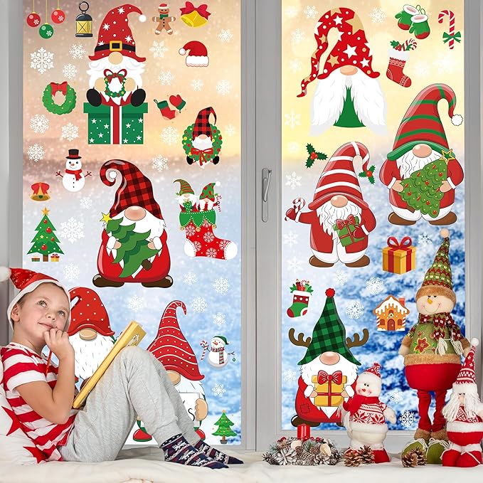79 PCS Christmas Window Clings, Christmas Decorations, 9 Sheets Snowflake Xmas Window Decals Stickers for Glass, Cute Elf Decals for Ugly Sweater Party Decor Accessories Photo Booth Props