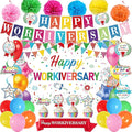 DARUNAXY Happy Workiversary Party Decorations for Men Women, Colorful Happy Work Anniversary Banner Cake Topper Hanging Swirl Confetti Balloons Decor Set for Employee Office Party Supplies(31PC)