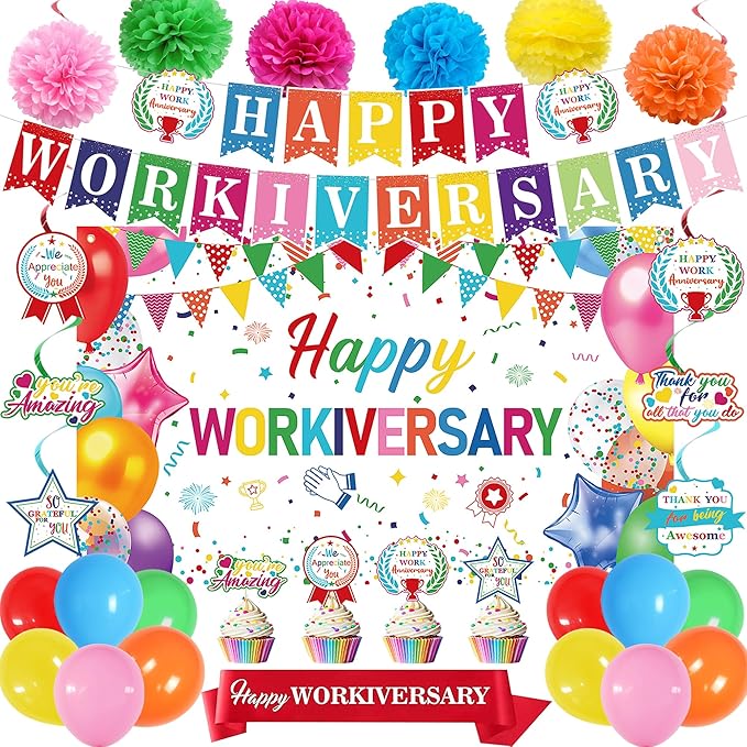 DARUNAXY Happy Workiversary Party Decorations for Men Women, Colorful Happy Work Anniversary Banner Cake Topper Hanging Swirl Confetti Balloons Decor Set for Employee Office Party Supplies(31PC)
