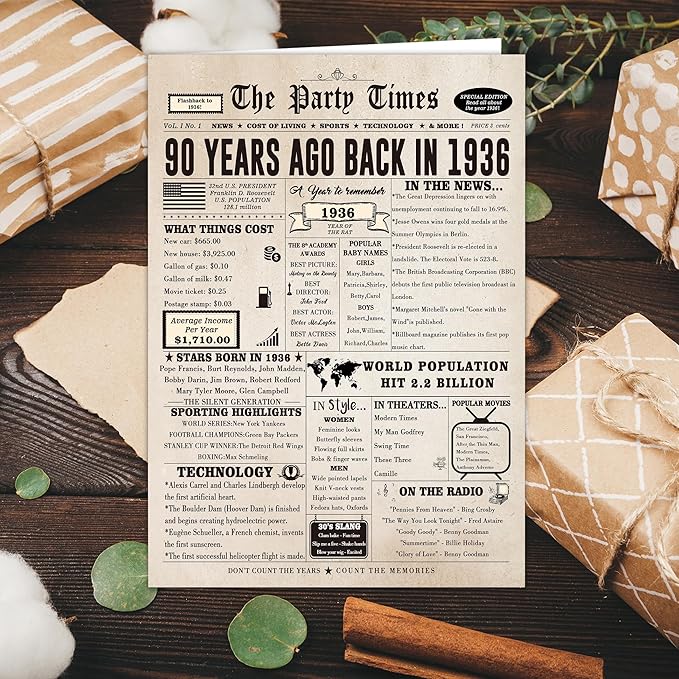 Ziwenhu Large 90th Birthday Card for Grandma Grandpa,Vintage Birthday Decoration Gifts for 90 Years Old Women Men, Funny 90th Birthday Gifts for Mom Dad Family