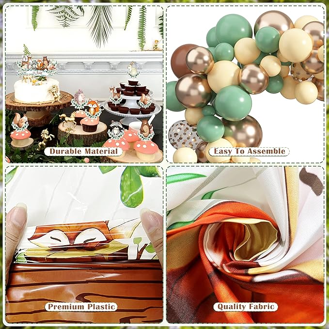 BORAMDO Woodland Animals Baby Shower Decoration Pack Forest Animal Neutral Gender Reveal Party Supplies Woodland Themed Birthday Party Ideas Set 106 Pcs Backdrop, Tablecloth, Cake Toppers, Balloons