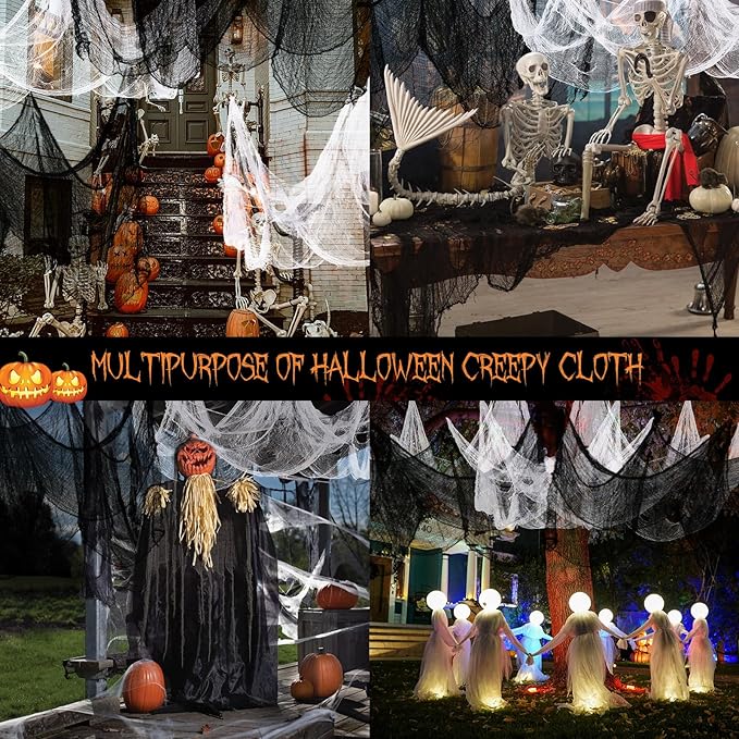 80 x 400 Halloween Decorations Creepy Cloth Indoor Outdoor, Scary Gauze Halloween Party Decorations, Spooky Home Decor Supplies for Table Tree Garden Doorway Haunted House Yard Skeleton (1PCS White)
