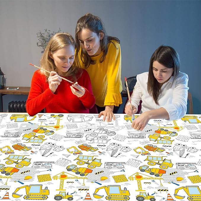 Giant Construction Coloring Tablecloth,54x108 Inch, Construction Birthday Party Supplies Construction Theme Party Favors