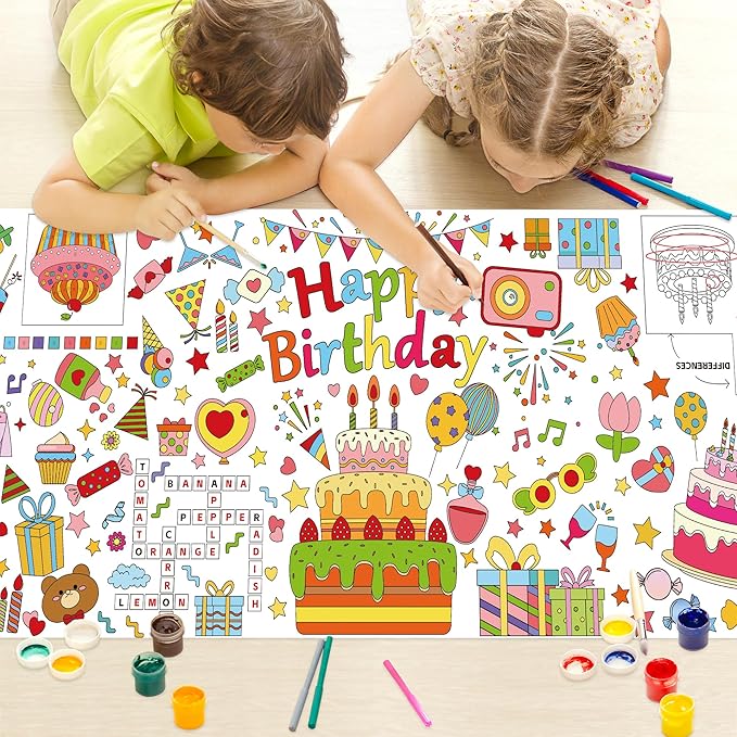 Happy Birthday Giant Coloring Poster 30 x 72 Inches Large Coloring Tablecloth for Kids School Home Party Supplies Decoration