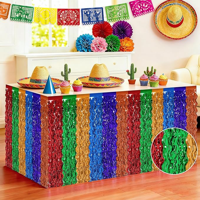 Cinco De Mayo Table Decorations, 2 Pack Fiesta Desk Skirts Supplies, Mexican Theme Metallic Wavy Tinsel Foil Fringe Table Skirts, Rainbow Skirts for Dia De Los Muertos Day Mexico Day of The Dead Decor