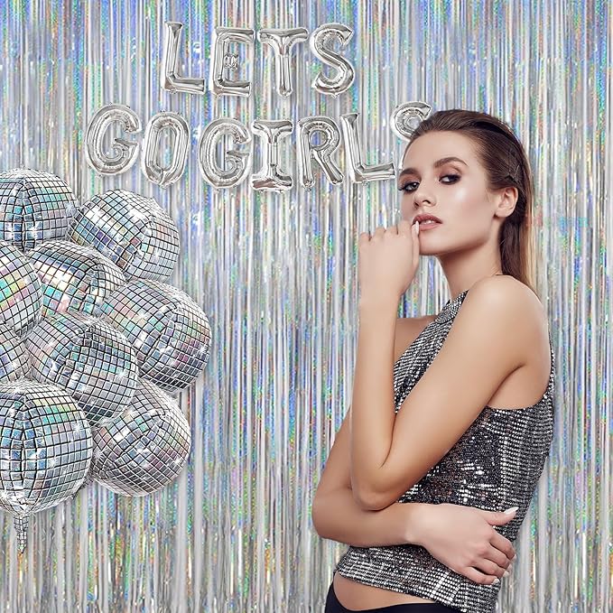 Melsan Silver Tinsel Backdrop Curtain, 3.2 ft x 8 ft Silver Foil Fringe Curtains, Sparkle Metallic Streamers for Disco Bachelorette Birthday Party Decorations, 2 Pack