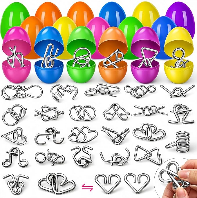 24 Pack Easter Egg Fillers with Metal Brain Teaser Puzzle Set Toys, Easter Eggs Hunts Filling Easter Basket Stuffers Stress Relief Toys Classroom Game for Kids Teens Boys Girls Easter Party Favor