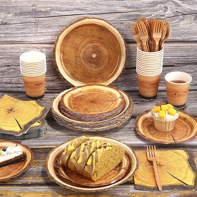 Kochorie 144 Pieces Rustic Wood Party Supplies, Wood Grain Slice Tableware Sets Including Disposable Paper Plates Napkins Cups Forks Serves 24 for Camping Birthday Forest Themed Party Decorations