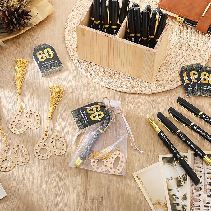 Spakon 25 Set 60th Birthday Party Favor for Guest Anniversary Party Favor Golden Birthday Bookmark Thanks for Coming Pen with Tag Appreciation Gifts for Women Men Wedding New Year