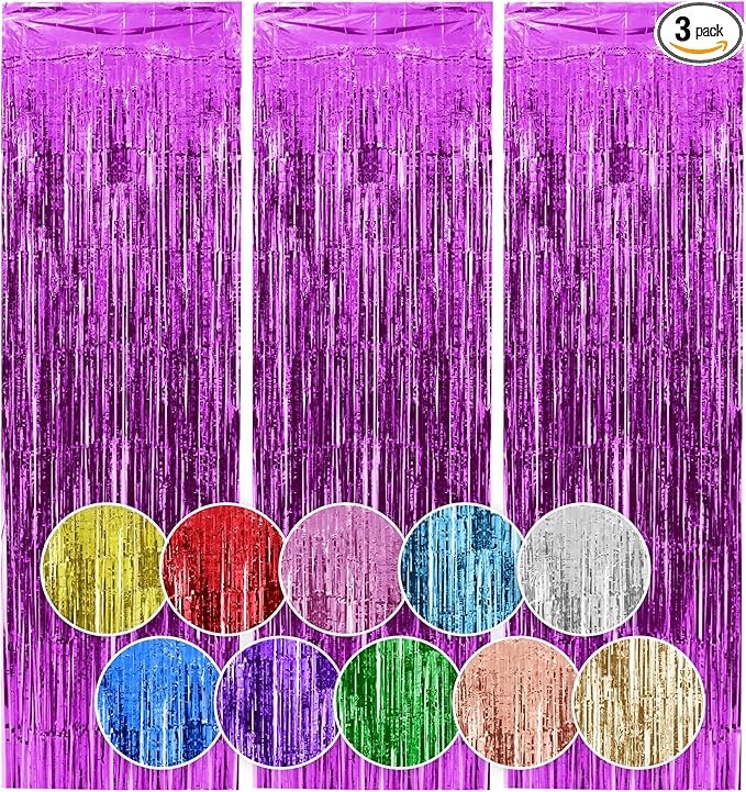 Homiest 3 Pack Hot Pink Tinsel Backdrop, 3.3x6.6 FT Metallic Tinsel Foil Fringe Curtains Party Decorations, Birthday Door Streamers for Baby Shower Wedding, Photo Booth Props Background Wall Decor