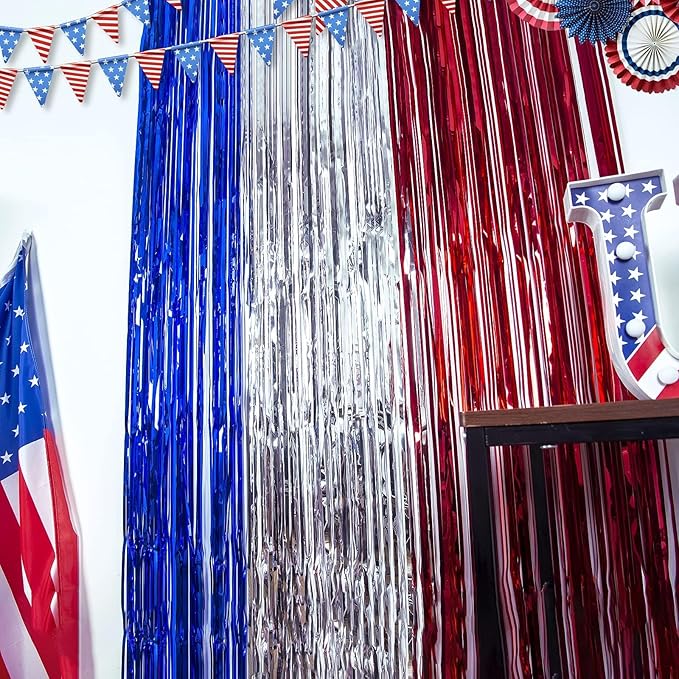 LOLStar 4th of July Decorations, 3Pack Red White and Blue Decorations Streamers Patriotic Foil Fringe Curtains Photobooth Props Party Backdrop for USA Themed Olympics Election Veterans Day Decor