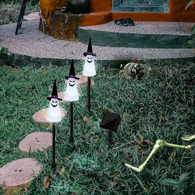 LIGHTSHINE 3PCS Ghost Solar Halloween Decorations, Solar Landscape Pathway Lights, Garden Stakes Light, Outdoor Halloween Lights Decor for Yard, Patio, Porch (White)