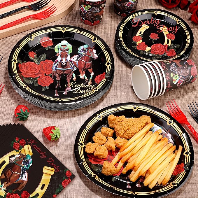 Kochorie 144 Pieces Horse Racing Party Tableware Sets Including Disposable Plates Napkins Cups Forks Serves 24 for Birthday Horse Theme Party Supplies