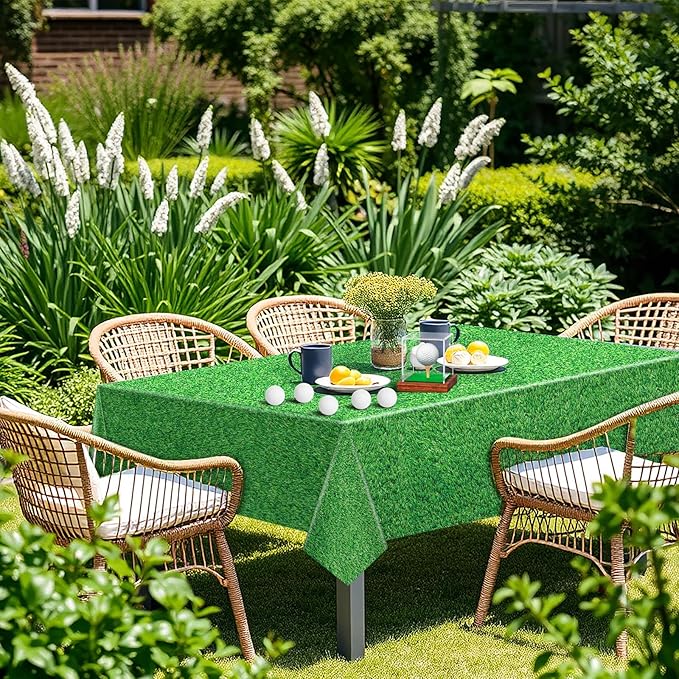 54 x 108 Inch Grass Party Tablecloths Disposable Plastic Green Table Cover for Golf Birthday Party Hole in One Decorations Outdoor Indoor Supplies