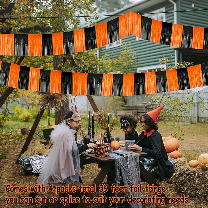 4 Packs Total 39 Feet Halloween Parade Floats for Trailer Car, Black Orange Foil Fringe Garland Tinsel Streamers Banner Table Skirts for Halloween Dia De Los Muertos Homecoming Birthday Party