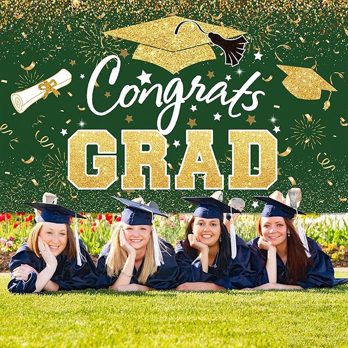 Graduation Party Decorations - Green Gold Congrats Grad Class of 2026 Backdrop Banner Large Sign Wall Decorations Photography Background Party Supplies for 2026 Graduation Party Decorations