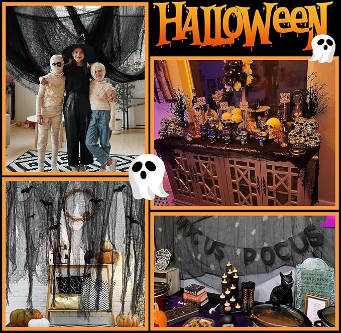 Watayo 500 x 59 Inch Halloween Spooky Cloth, Black Large Size Halloween Scary Creepy Cloth, Windows Doorways Cover Gauze for Haunted House Yard Horror Themed Party Decorations