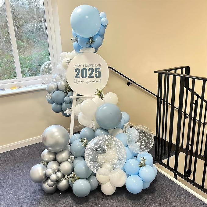 Baby Blue White Winter Wonderland Balloons, 60PCS Dusty Blue and White Metallic Silver Snowflakes Balloons for Ice Snow Wonderland Wedding Birthday Baby Shower Christmas New Year’s Party Decorations
