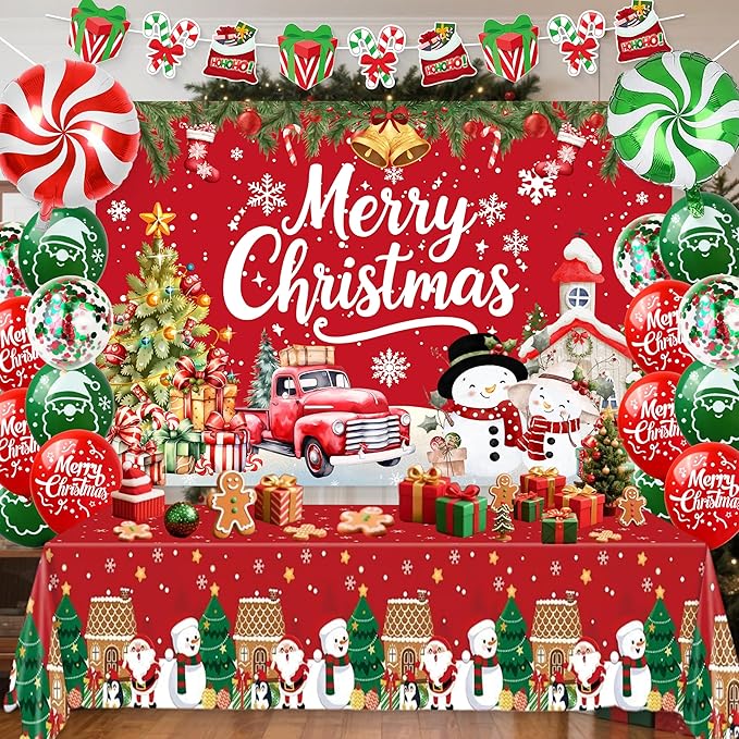 Christmas Party Decorations, Merry Christmas Banner Backdrop, Tablecloth,Candy Cane Foil Balloons,Family Party Decoration Supplies