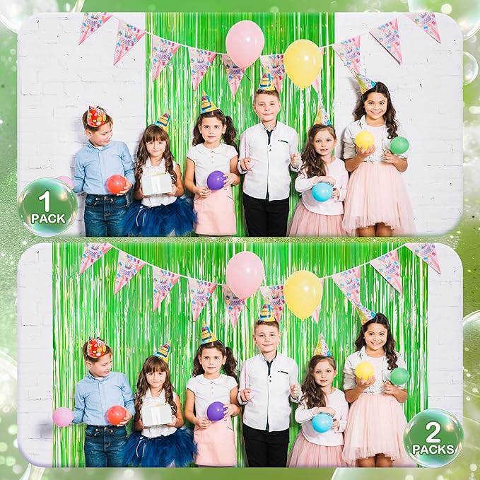 4 Pack Pink & Green Party Streamers Backdrop Curtains, 3.3x8.2ft Holographic Tinsel Foil Curtain Photo Booth Props for Birthday, Wedding, Holiday Celebration, Bachelorette, Theme Decorations