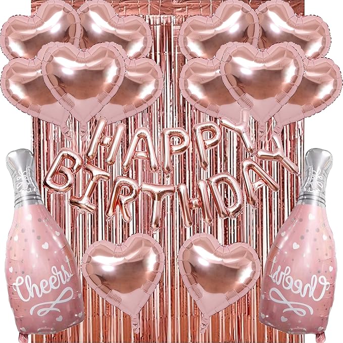 Rose Gold Balloons Foil Curtains 29 Pcs Rose Gold Party Decor Rose Foil Helium Wine Balloons Boy Birthday Party Decorations for Girls Women Party Supplies